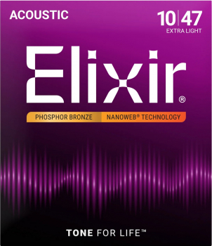 Струни для акустичної гітари Elixir Nanoweb Phosphor Bronze 16002, 10-47