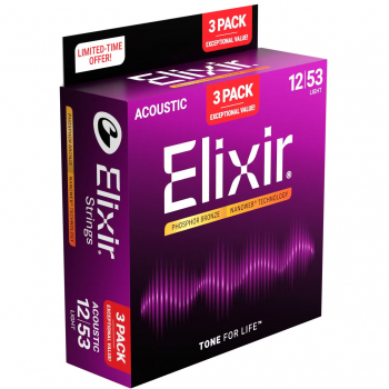 Струни для акустичної гітари Elixir Nanoweb Phosphor Bronze 16545, 12-53 (3 комплекти)