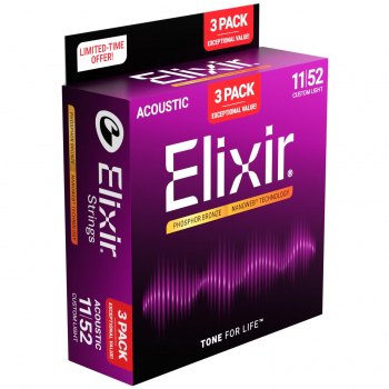 Струны для акустической гитары Elixir Nanoweb Phosphor Bronze 16544, 11-52 (3 комплекта)